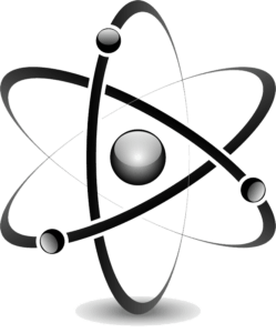 A black and grey graphic of electrons flying around a nucleus